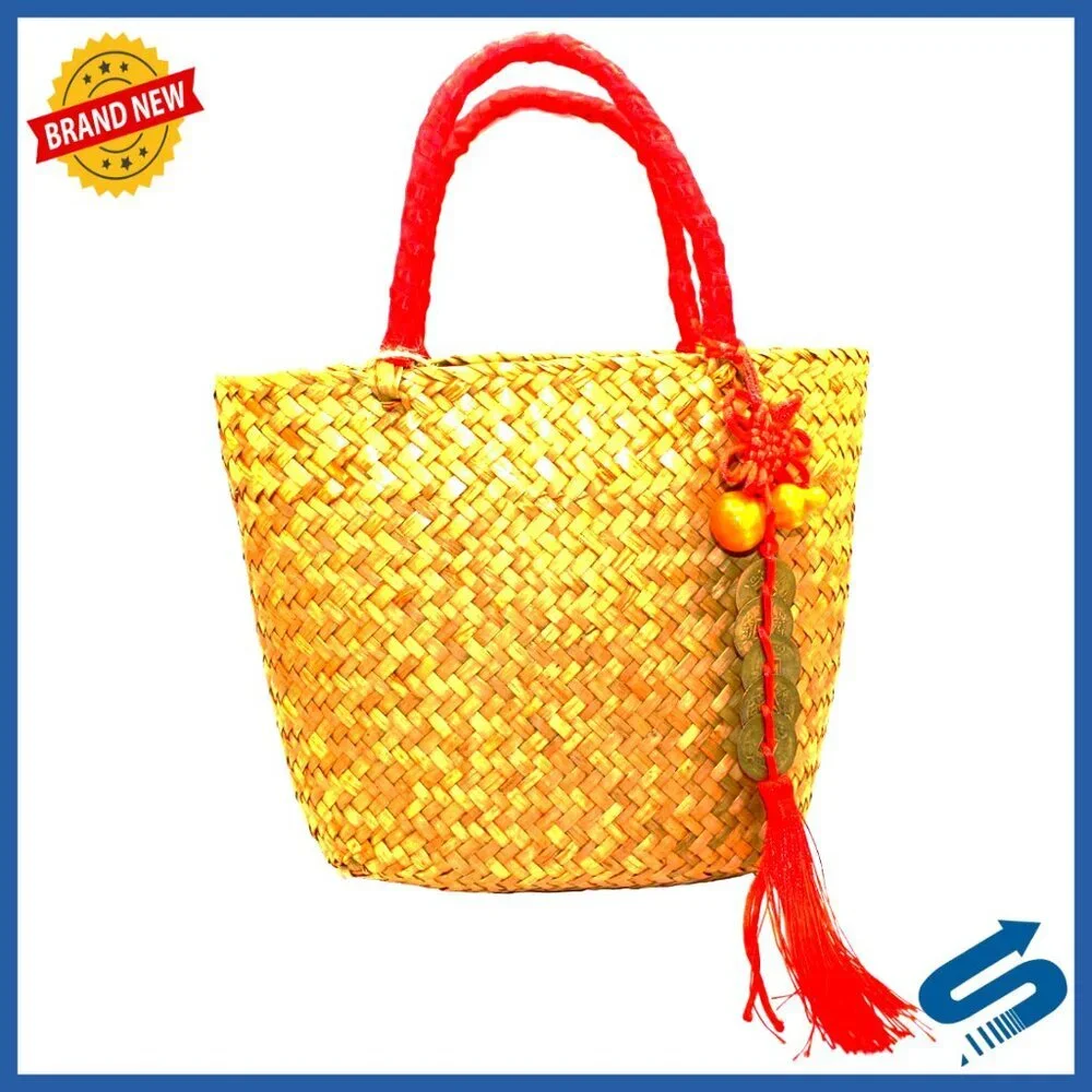 Handwoven Straw Tote Bag Elegant Boho Chic Silk Ribbon Handle Traditional